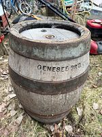 Full view of wooden Genesee Brewing Company barrel