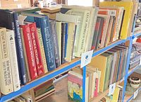 Shelf with two rows of assorted books, visible health, cooking and reference titles