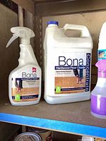 Bona trigger spray and Bona concentrate jug on shelf