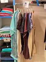 Full rack view showing seven tops on hangers