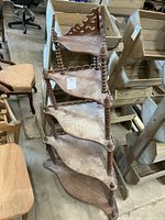 Full view of five-tier wood corner shelf showing overall design and condition