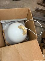 Pendant light in box showing dome shade and wood handle