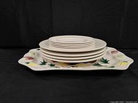 Stacked plates on top of tray shows quantity and relative size