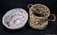 Both baskets side by side: fabric coil basket left, seagrass basket right