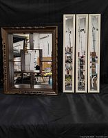 Full lot showing wood shadow-box mirror and three slim panel mirrors