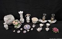 overview of entire lot showing all porcelain pieces lined in two rows