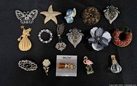 All fifteen brooches laid out on black fabric