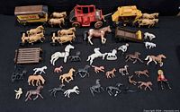 Full lot overview showing all horses, stagecoaches, wagons and figures
