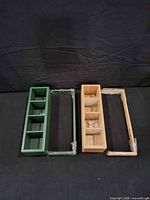 Green and natural wood organizers with frames side by side