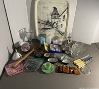 Group shot showing entire lot with tray, glassware, bakeware, flatware