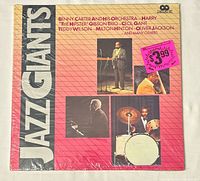 Front cover of sealed Jazz Giants double LP showing title, performer photos, shrink wrap and price sticker