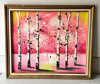 Full view of framed abstract birch tree painting