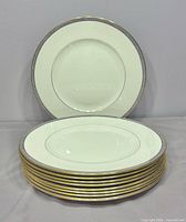 Stack of nine Palatia dinner plates showing top plate design and gold edge