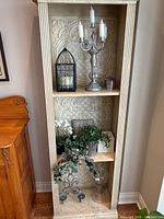 Full tall shelf view with all decor items for scale and grouping