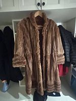 Full view of brown full-length fur coat hanging