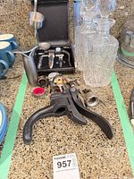 Overview of lot with two crystal decanters, bar tool set, Final Touch opener and loose stoppers