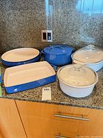 Group shot of all five dishes on countertop