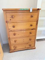 Full front view of solid pine 5-drawer dresser chest