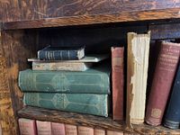 Shelf with stacked green volumes, small black notebook, red cloth volume of statutes etc.