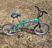 Left side view of complete green Chaos FS20 BMX bike showing frame, wheels, seat and rear pegs