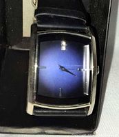 front view of watch showing blue dial, case, strap