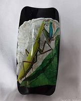 Front of black tin with praying mantis image