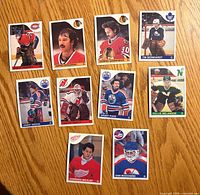 Fronts of all ten 1985-86 O-Pee-Chee goalie cards spread on table