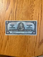 Front of 1937 Canadian $5 bill showing portrait, serial number, signatures