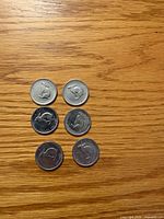Obverse side of six 1967 Canada 5-cent coins