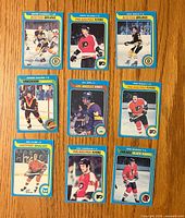 Front view of all nine O-Pee-Chee hockey cards showing team distribution and image condition.