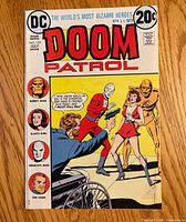 Front cover of Doom Patrol #124 showing title, characters, price and stamp