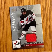 Front of Jett Woo Canada Jerseys card with fabric swatch
