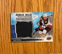 Front of Upper Deck ICE Rookie Relic Jumbos Sam Steel card with jersey swatch and serial number