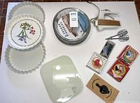 Overview of mixer, dishes, pie plates, scale and pie birds