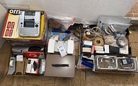 Overall view of lot showing label maker, file folders, lockbox, printer box and assorted supplies