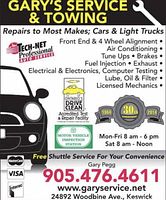 Gary's Service & Towing promotional graphic with contact information