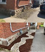 Before and after images of brick house exterior landscaping showing example workmanship