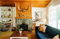 Chalet living room with stone fireplace, wood paneling, antler mount, sofa, coffee table, and shelving