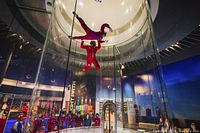 Indoor skydivers in vertical wind tunnel, illustrates experience offered