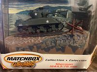 Front view of Matchbox Collectibles boxed Sherman tank model