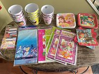 Overview of all party supplies on table