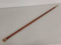 Full view of walking cane showing length, wood shaft and metal tip