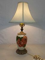 Full view of lit table lamp with shade