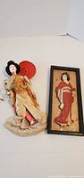 Both items together: geisha doll and framed plaque