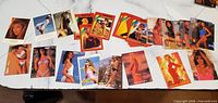 Spread of approx 50 swimsuit and glamour model trading cards from Endless Summer and other sets displayed on table