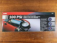 Front of box showing iLink 100 PSI foot pump with gauge