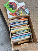 Closed view of box beside three books including The Grouchy Ladybug and LEGO Star Wars sticker book