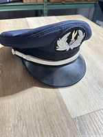 Overall view of navy pilot hat showing crest and visor