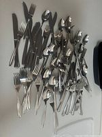 Entire assortment of stainless steel flatware spread out