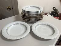 Full set of 12 Lynn's Fine China bowls, two displayed face up, stack protected by cardboard